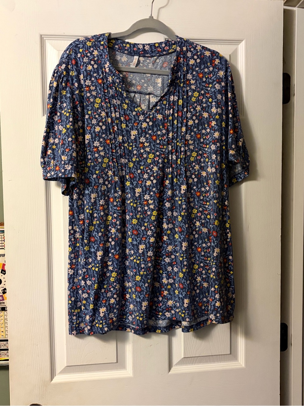 Women’s Blue Floral Short-Sleeve V-Neck Top